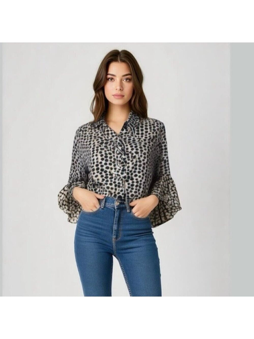 Cato Blue Beige Polka Dot Bell Sleeve Top Medium